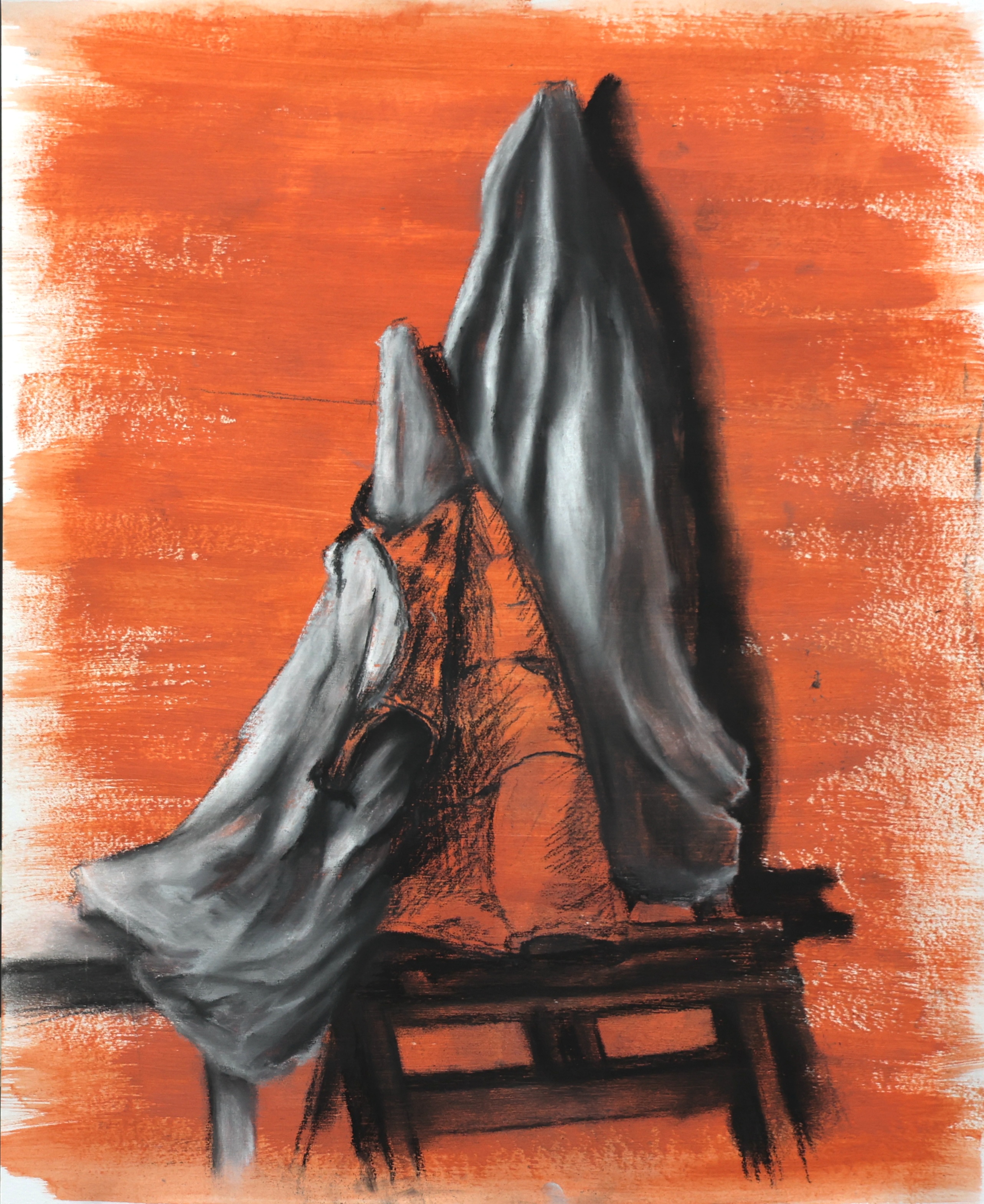 Pastel drawing of grey drapery against an orange background